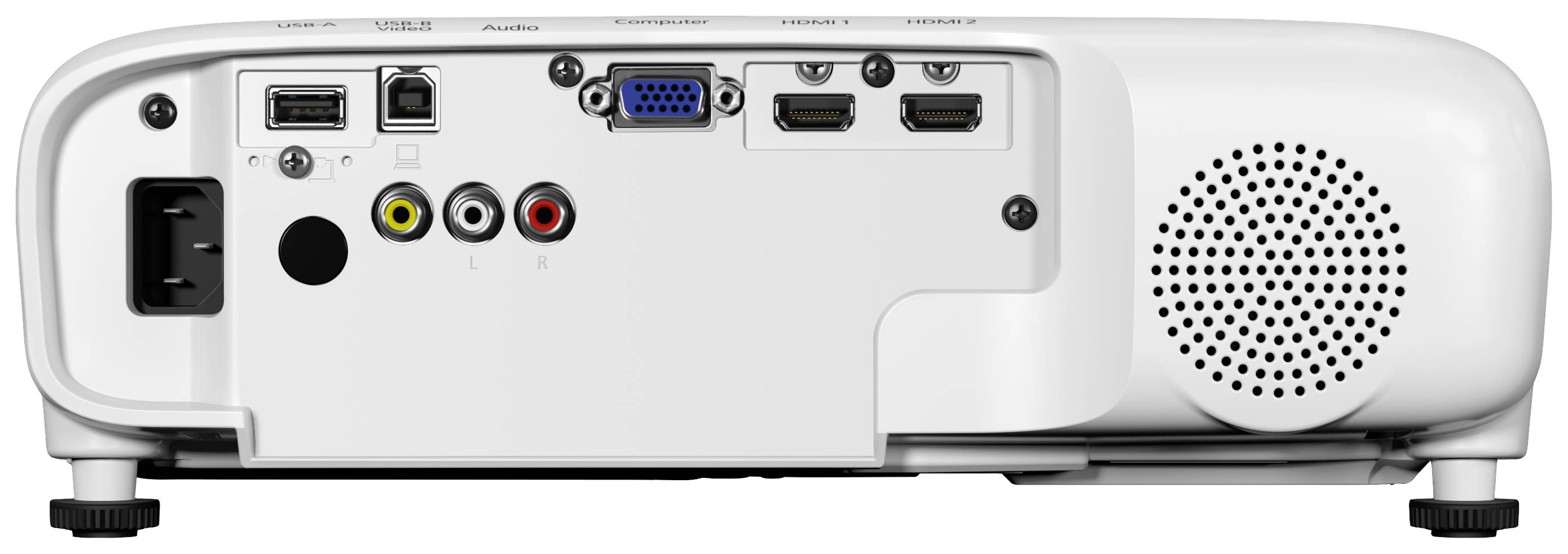 Een projector van achteren, getoond met verschillende aansluitingen: USB, VGA, HDMI, Audio en stroomaansluiting.