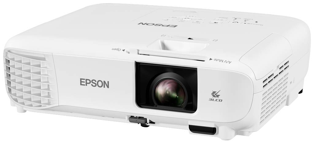 Een witte Epson-projector. Vooraanzicht toont de lens en het merkenlogo. Geschikt voor thuisbioscoop of zakelijke presentaties.