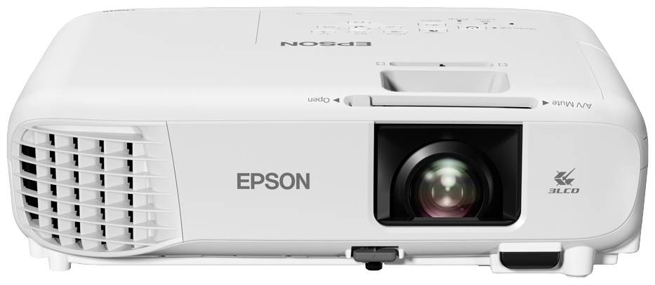 Witte Epson-projector met lens aan de voorkant, ventilatierooster aan de linkerkant. Geschikt voor presentaties en thuisbioscoop.