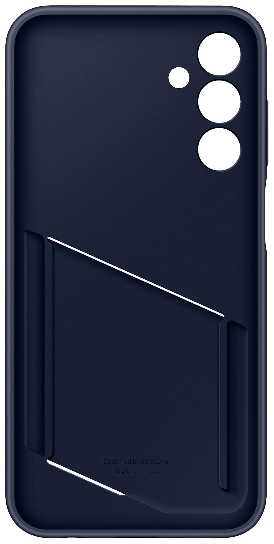 Een donkerblauwe smartphonehoes met vier cameragaten en een diagonaal lopend, gestructureerd ontwerp op de achterkant.