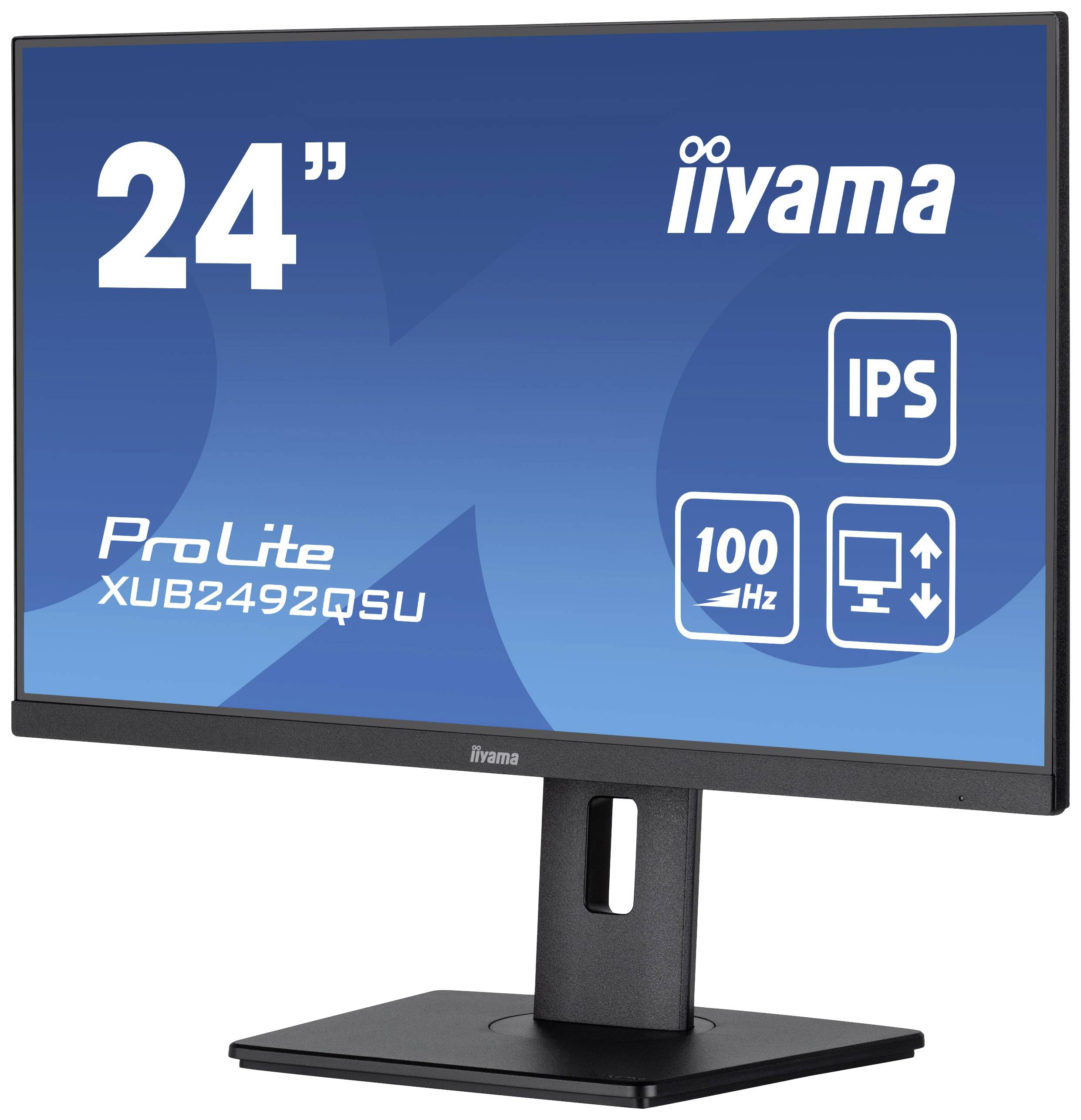 24-inch monitor van Iiyama met IPS-scherm. Eigenschappen: 100 Hz, model 'ProLite XUB2492QSU'.