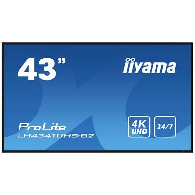 Een blauwe scherm met het opschrift 'iiyama ProLite LH4341UHS-B2'. Grootte 43 inch, 4K UHD, geschikt voor 24/7-gebruik.