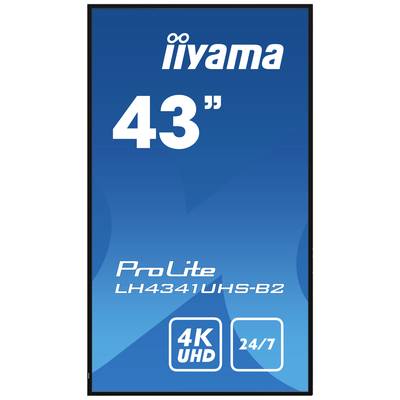 Het scherm toont een reclamebericht met de volgende specificaties: 43 inch, model 'ProLite LH4341UHS-B2', 4K UHD, geschikt voor 24/7 gebruik.