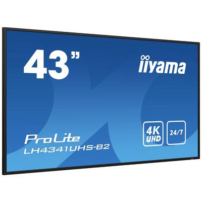 Een 43-inch-monitor van iiyama, model ProLite LH4341UHS-B2, met 4K-UHD-resolutie, geschikt voor 24/7-gebruik.