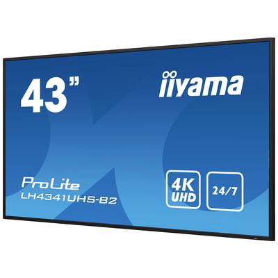 43-inch scherm van iiyama, model 'ProLite LH4341UHS-B2', toont '4K UHD' en '24/7' bedrijfsinstructies op een blauwe achtergrond.