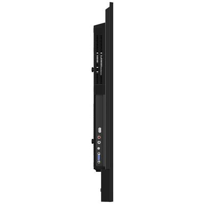 Een zwart flatscreen gezien vanaf de zijkant, waarbij de ventilatiesleuven en aansluitingen voor audio, USB en VGA zichtbaar zijn.