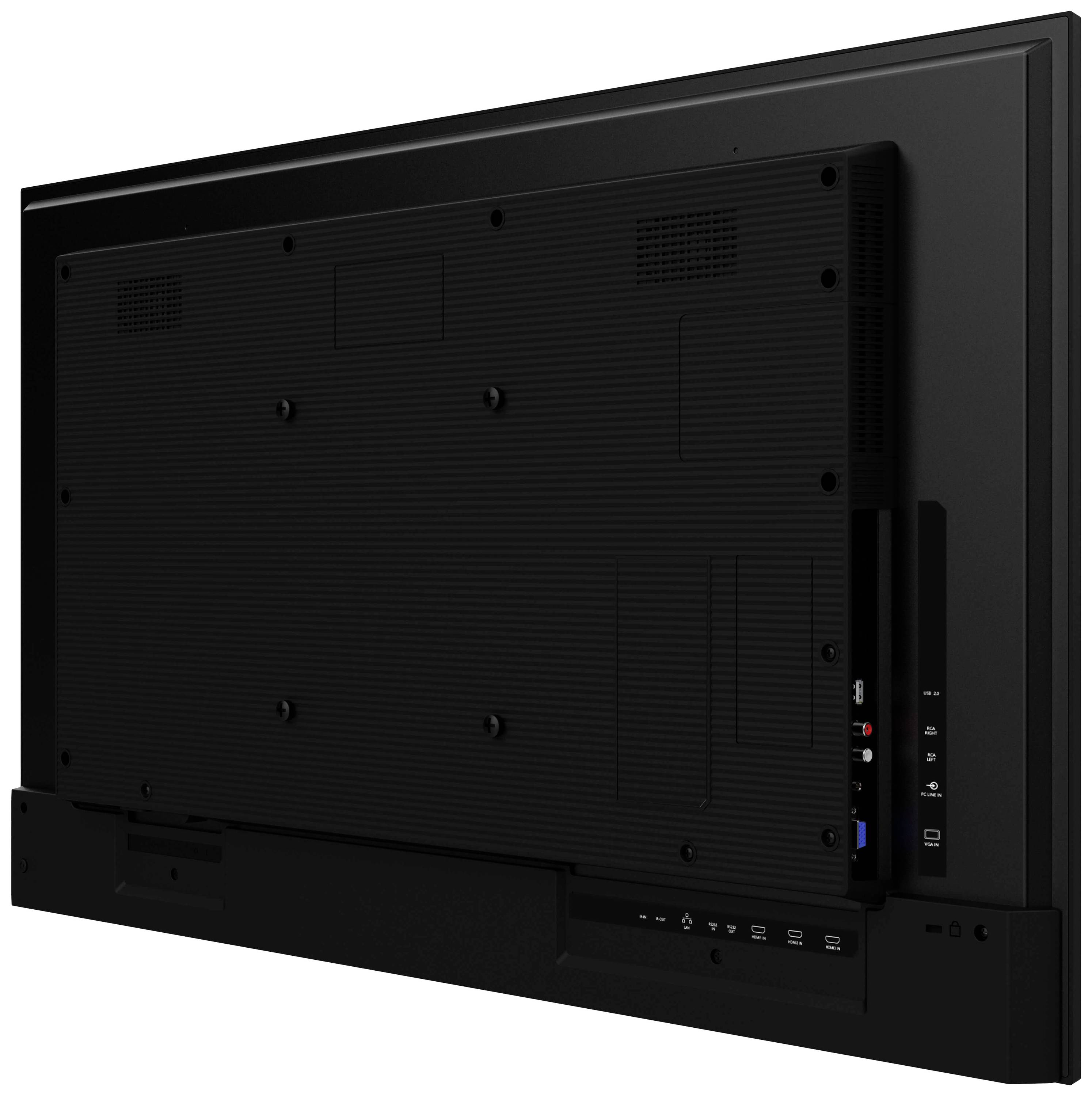 Achterkant van een grote, zwarte flatscreen-tv, toont aansluitingen en ventilatiesleuven. Het scherm is niet zichtbaar.