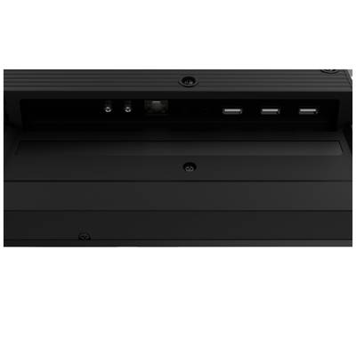 'Achterkant van een monitor met aansluitingen: twee coaxiale aansluitingen, een Ethernet-aansluiting en drie USB-aansluitingen zichtbaar.'