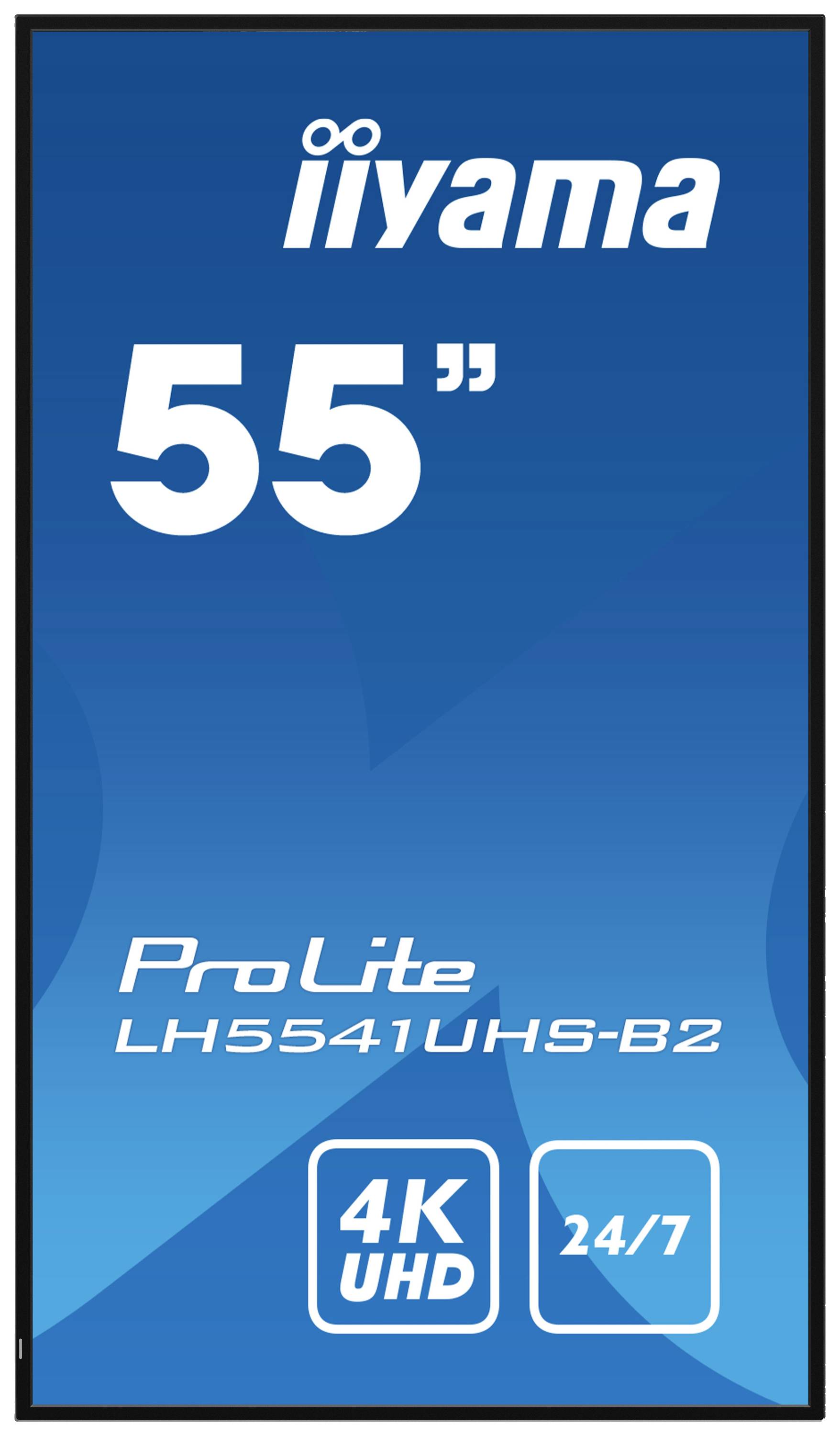 Een 55-inch-monitor met de aanduiding 'ProLite LH5541UHS-B2', 4K UHD-resolutie, geschikt voor continue gebruik.