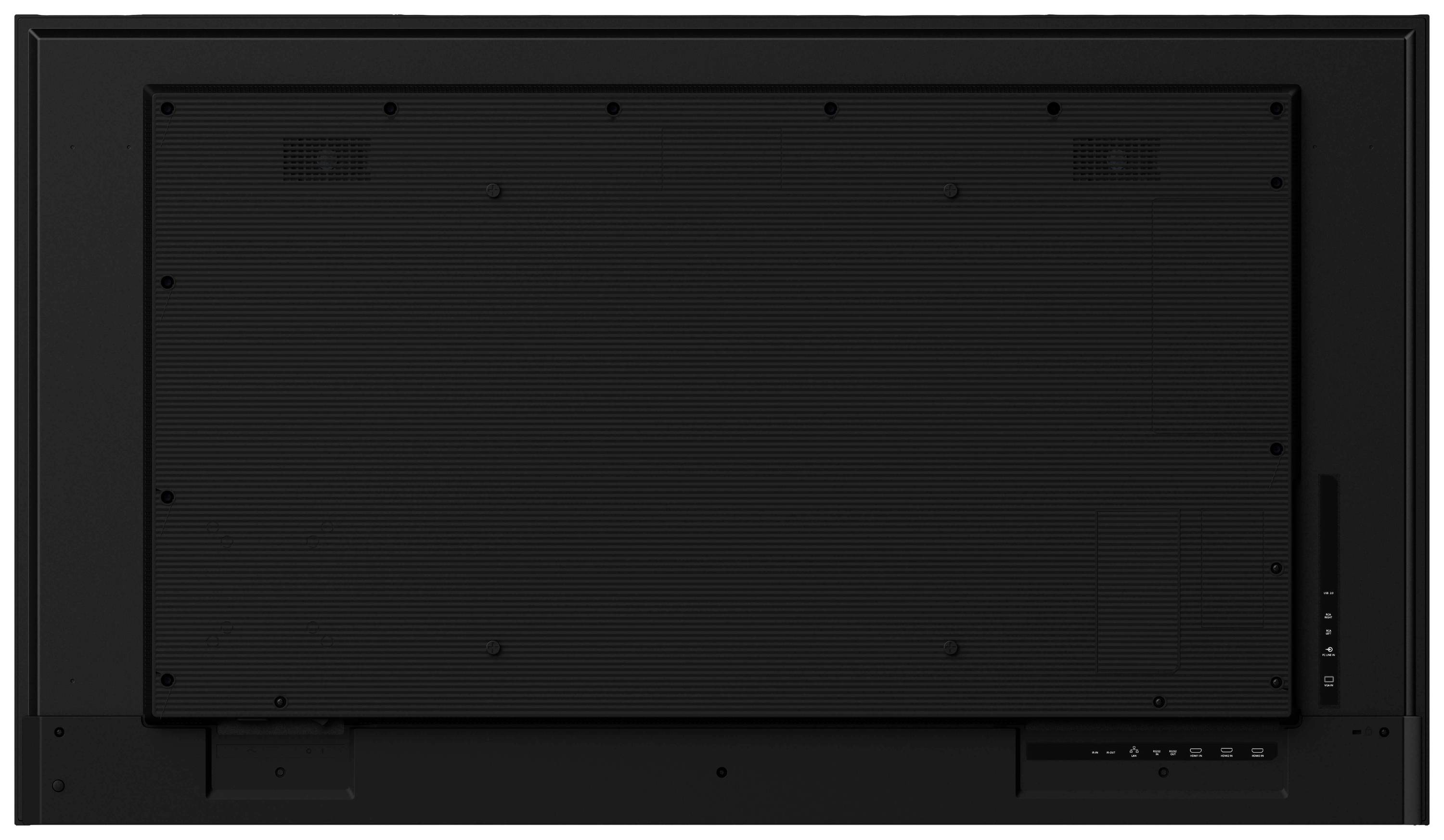De achterkant van een grote, zwarte flatscreen-tv, gemonteerd op een witte muur, met aansluitingen aan de rechterbenedenhoek.
