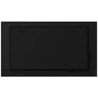 De achterkant van een grote, zwarte flatscreen-tv, gemonteerd op een witte muur, met aansluitingen aan de rechterbenedenhoek.