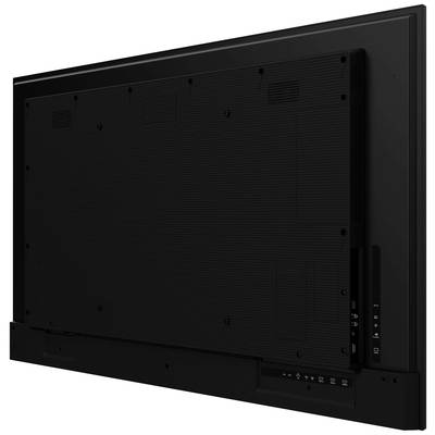 Achteraanzicht van een platte zwarte monitor met meerdere aansluitingen aan de rechterkant, waaronder HDMI- en USB-poorten.
