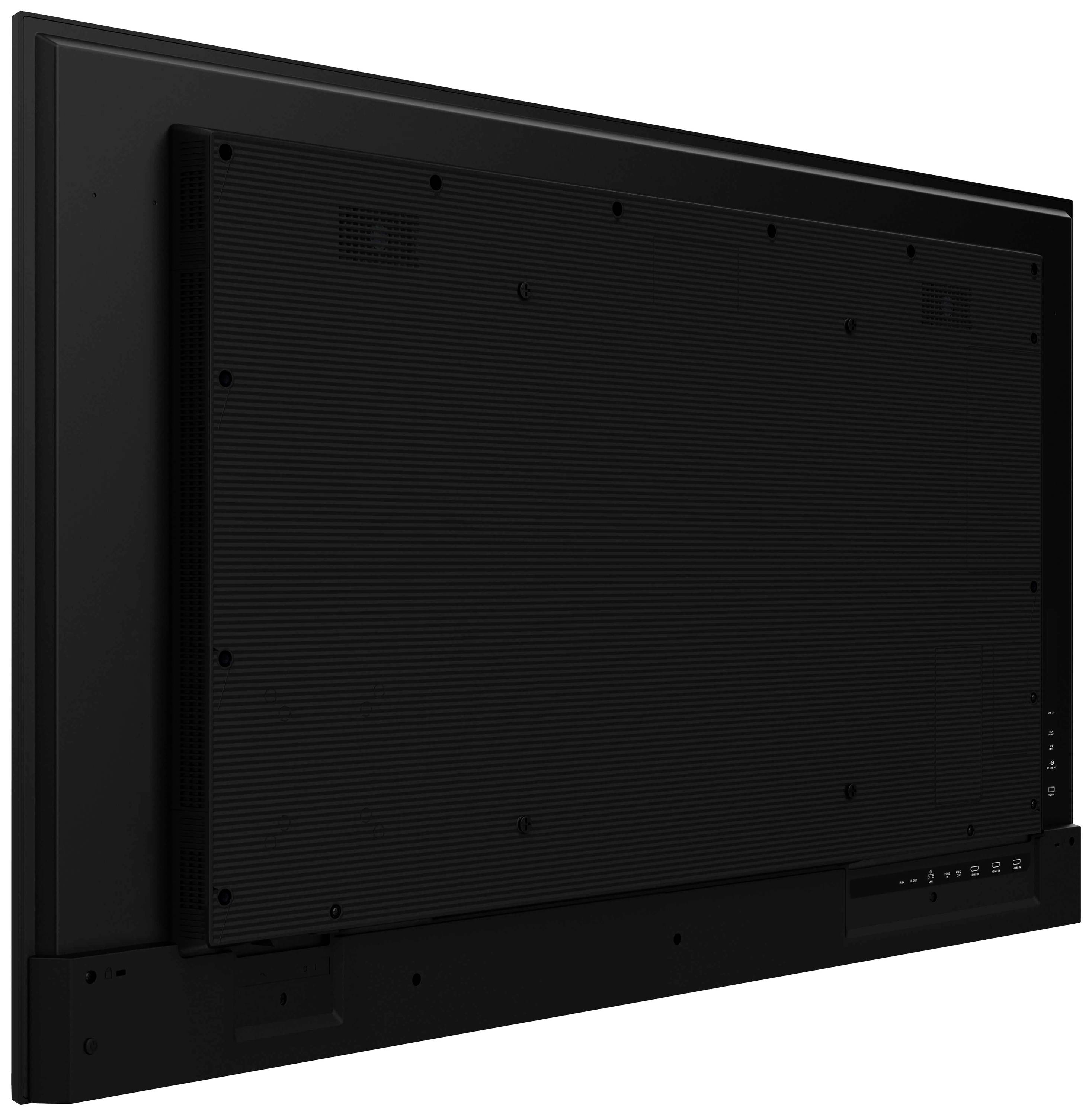 Achterkant van een zwarte flatscreen-tv, met verschillende invoerpoorten en een rooster voor warmteafvoer zichtbaar.