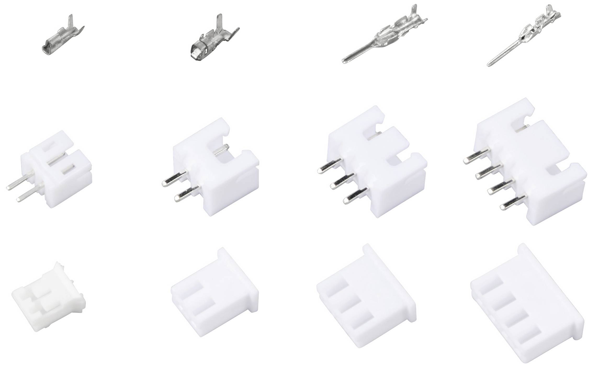 Verschillende witte en zilveren connectoren, waaronder pin- en buskontacten, gerangschikt op een witte achtergrond.