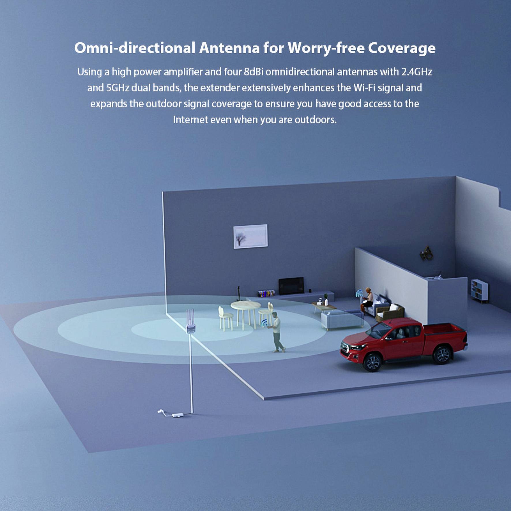 Een tweeverdiepingshuis met een Tesla-laadpunt aan de muur en twee auto's, rechts een rode pickup, links een witte SUV, op een blauwe ondergrond.