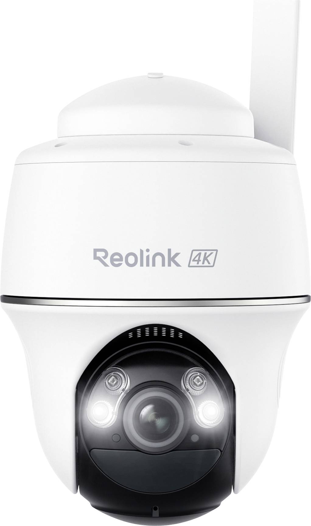 'Witte Reolink 4K beveiligingscamera met koepelontwerp en LED's, geschikt voor buitenbewaking.'