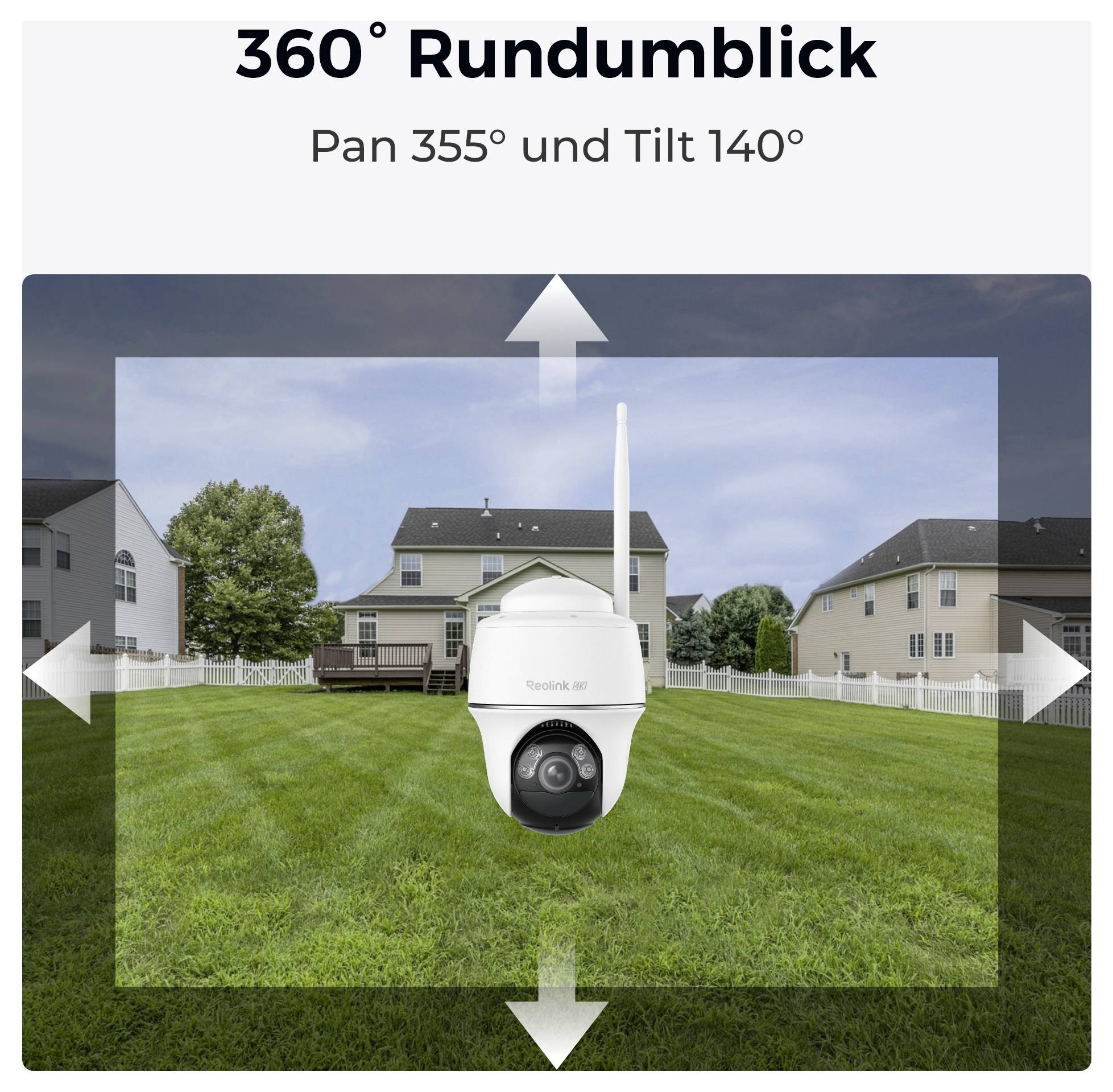 Een slimme beveiligingscamera met een 360-graden panoramisch uitzicht, geplaatst in een ruime achtertuin, waarbij de pan- en tiltfuncties worden benadrukt.