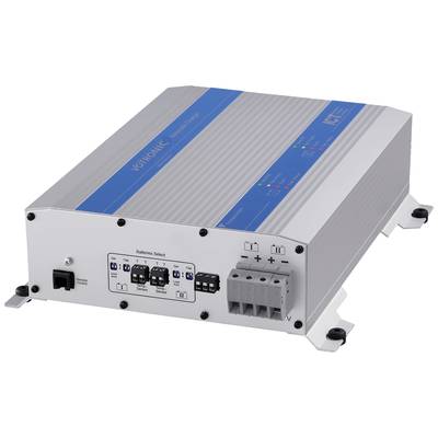 Een zilveren batterijlader van Votronic, type 'Triple Charger', met blauwe opdruk en meerdere aansluitingen.