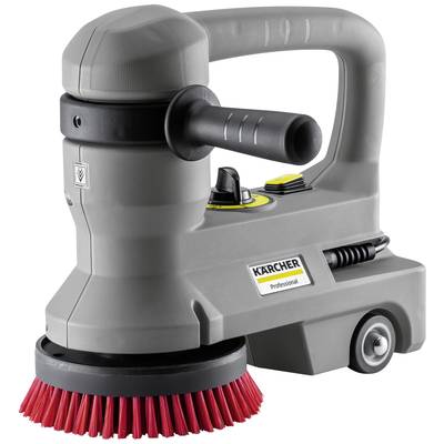 Een grijze, draagbare tegel- en drooczuiger met rode borstel onderaan, ergonomische handgreep en Kärcher-logo, gebruikt voor professionele reiniging.