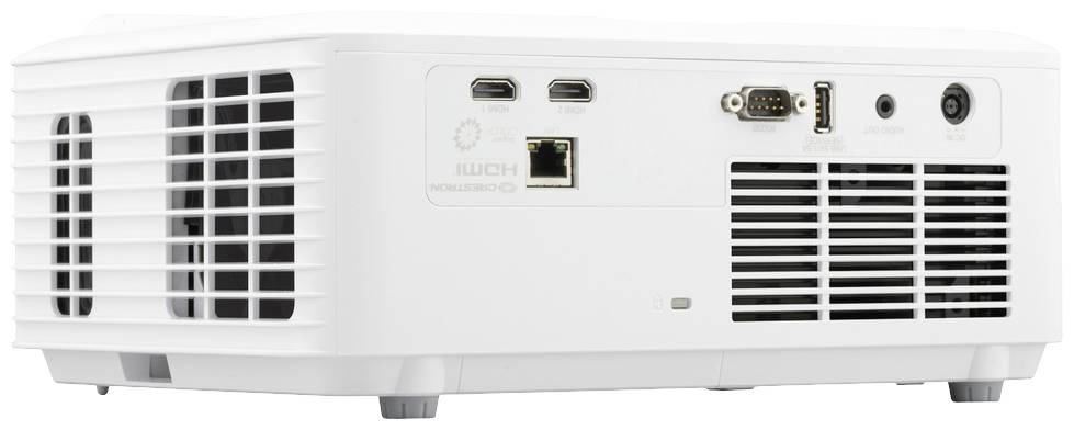 Witte projector met meerdere aansluitingsmogelijkheden aan de achterkant, waaronder HDMI, Ethernet en een netvoedingsaansluiting.