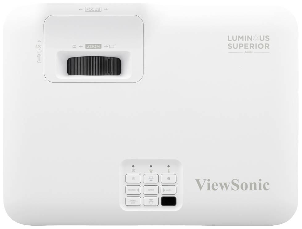 Een witte ViewSonic-projector met toetsenblok en zoomwiel, model 'Luminous Superior Series'.