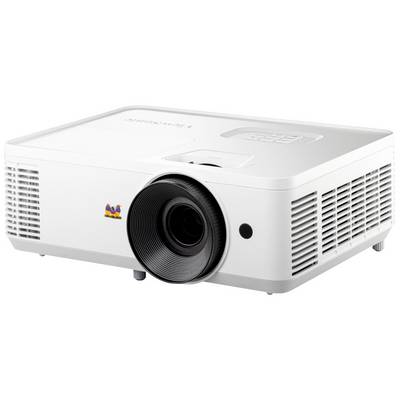 Een witte projector met een groot, centraal objectief, ventilatiesleuven aan de zijkanten en bedieningstoetsen bovenop.