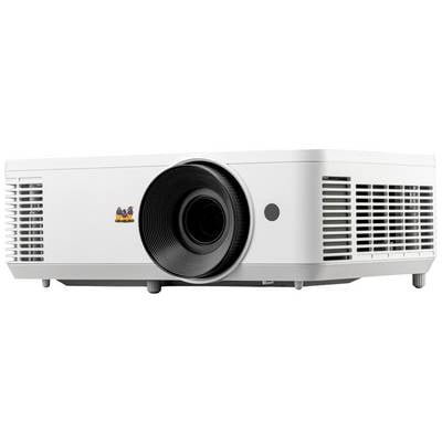 Een witte projector met ventilatiesleuven en een grote lens, geschikt voor presentaties of thuisbioscoop-toepassingen.
