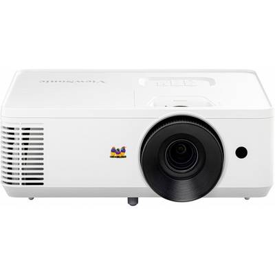 Een witte projector met een grote lens aan de rechterkant, ventilatiesleuven links en een klein, kleurrijk logo in het midden.