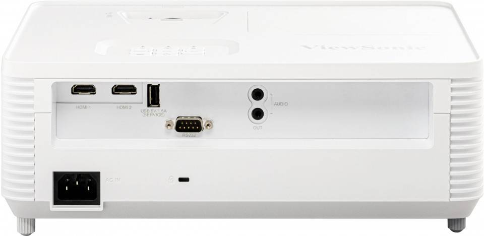 Afbeelding van een projector van achteren met HDMI-, USB- en audio-aansluitingen, evenals een stroomaansluiting.