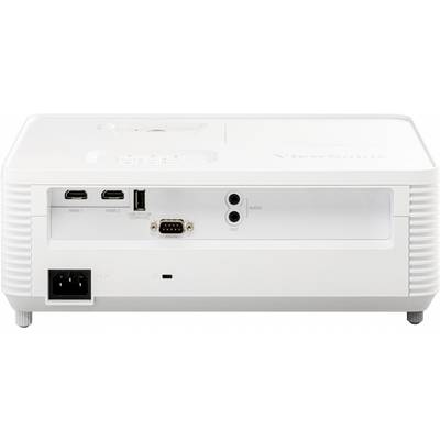 Afbeelding van een projector van achteren met HDMI-, USB- en audio-aansluitingen, evenals een stroomaansluiting.