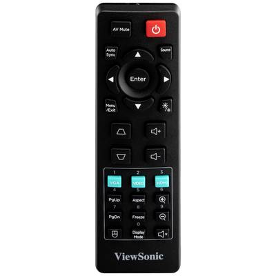 ViewSonic-afstandsbediening met knoppen voor Aan/Uit, Menu, Volume en Ingangsbron zoals VGA, Video, HDMI. Zwart met rode Aan/Uit-knop.