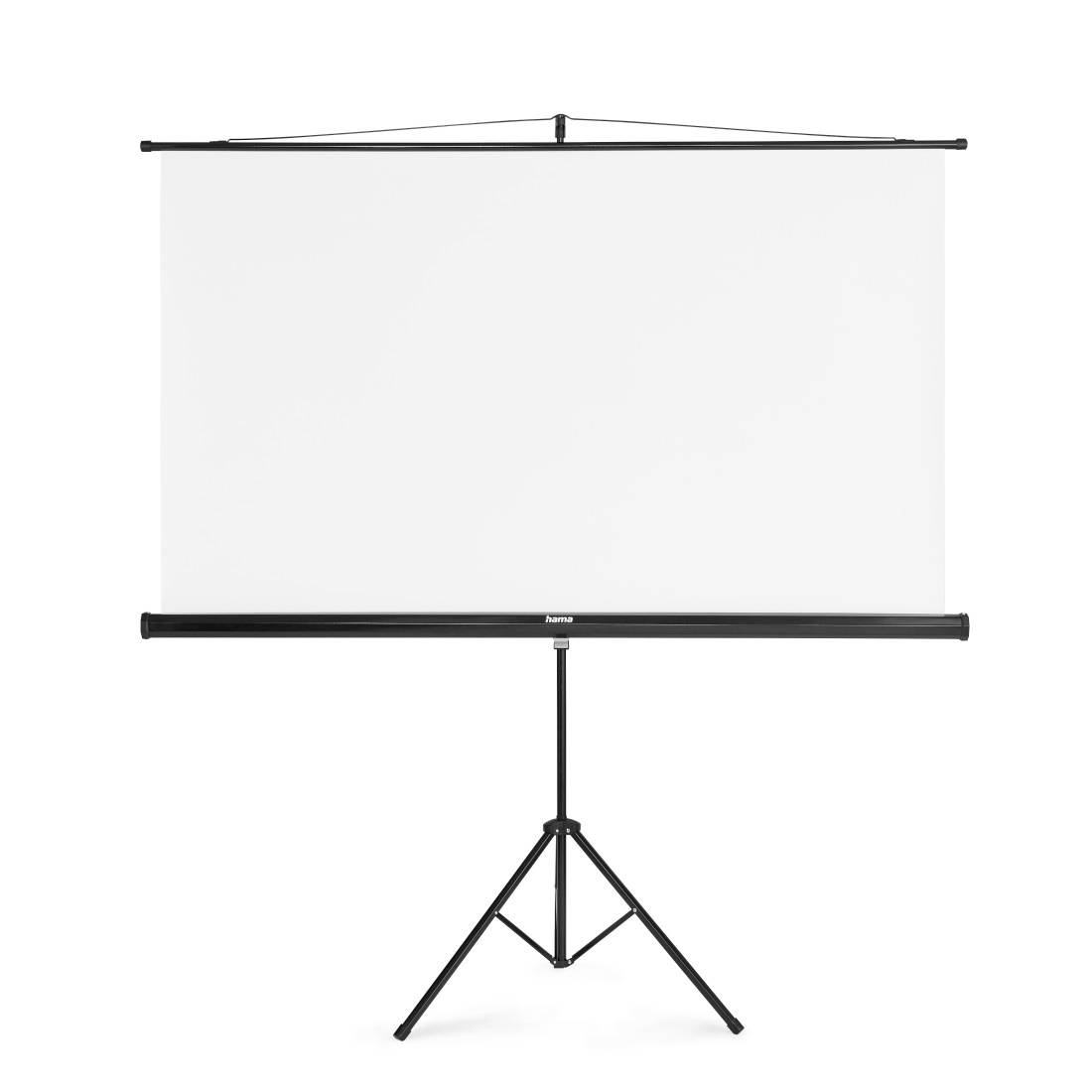 Een leeg projectiescherm op een driepootstandaard. Het staat klaar voor presentaties in een kantoor- of onderwijsomgeving.