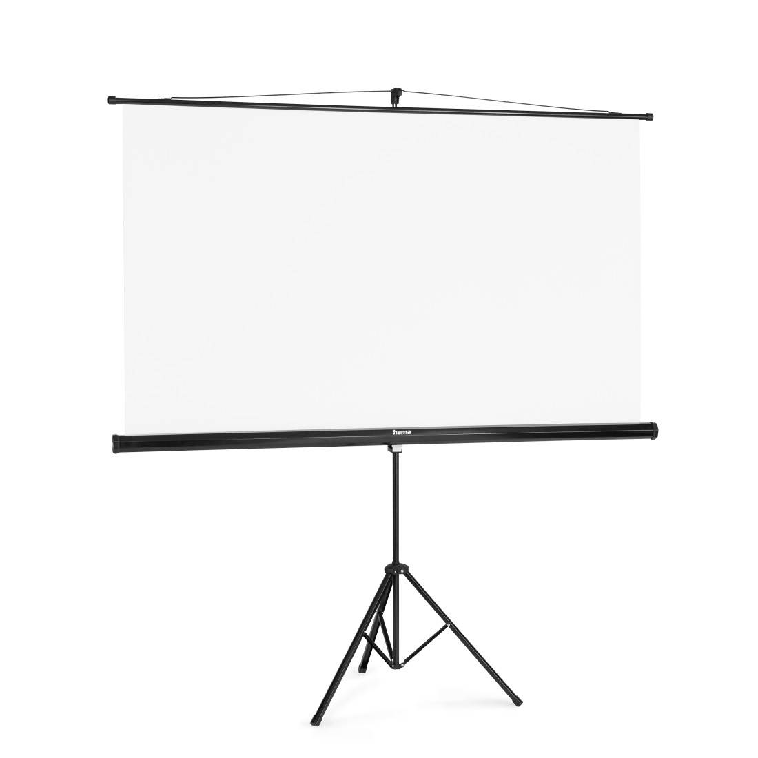 Projectiescherm op statief, uitgevouwen en klaar voor een presentatie.
