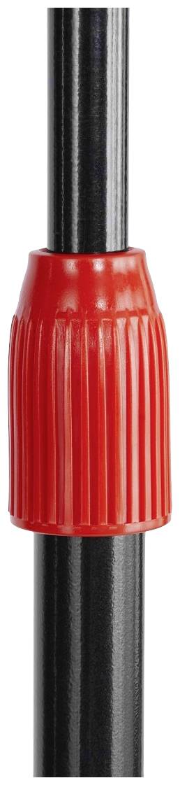 Zwarte stok met rood, geribbeld handvat in het midden; dient als verlengstang.