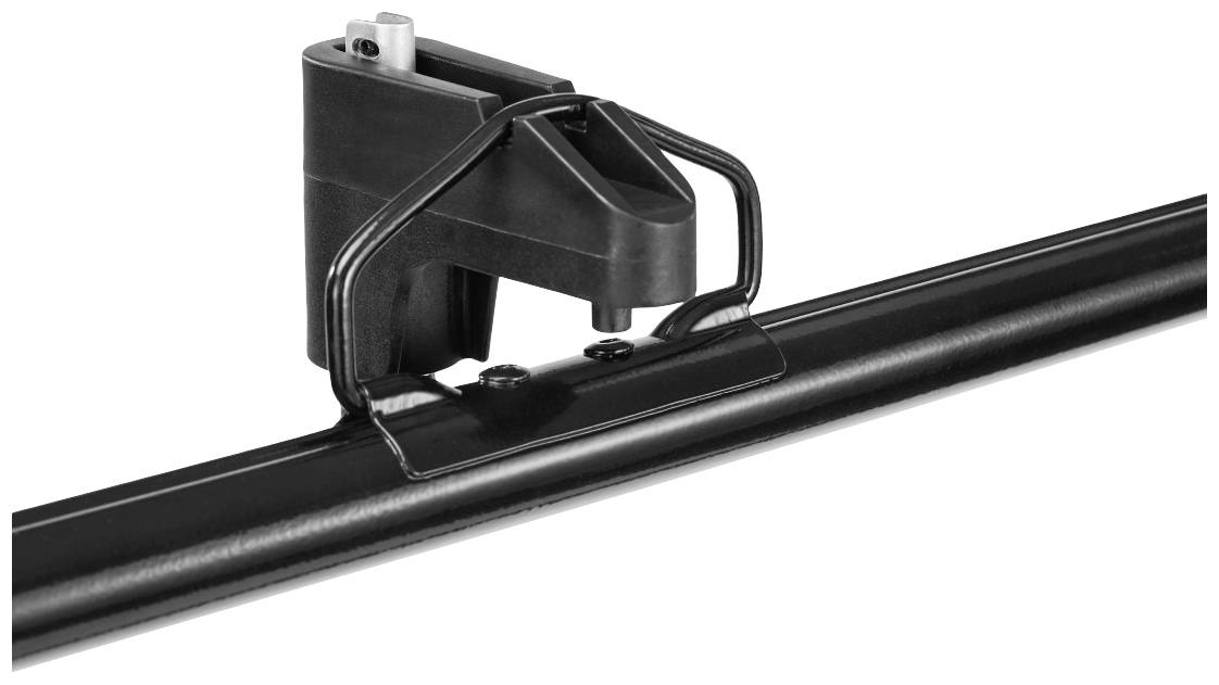 Een zwart apparaat dat is bevestigd aan een metalen stang, met een handgreep bovenaan en een schroef voor bevestiging.