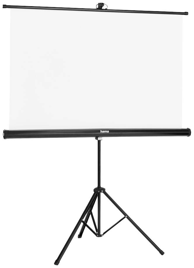 Canvas op een statief, uitgetrokken en klaar voor projecties.