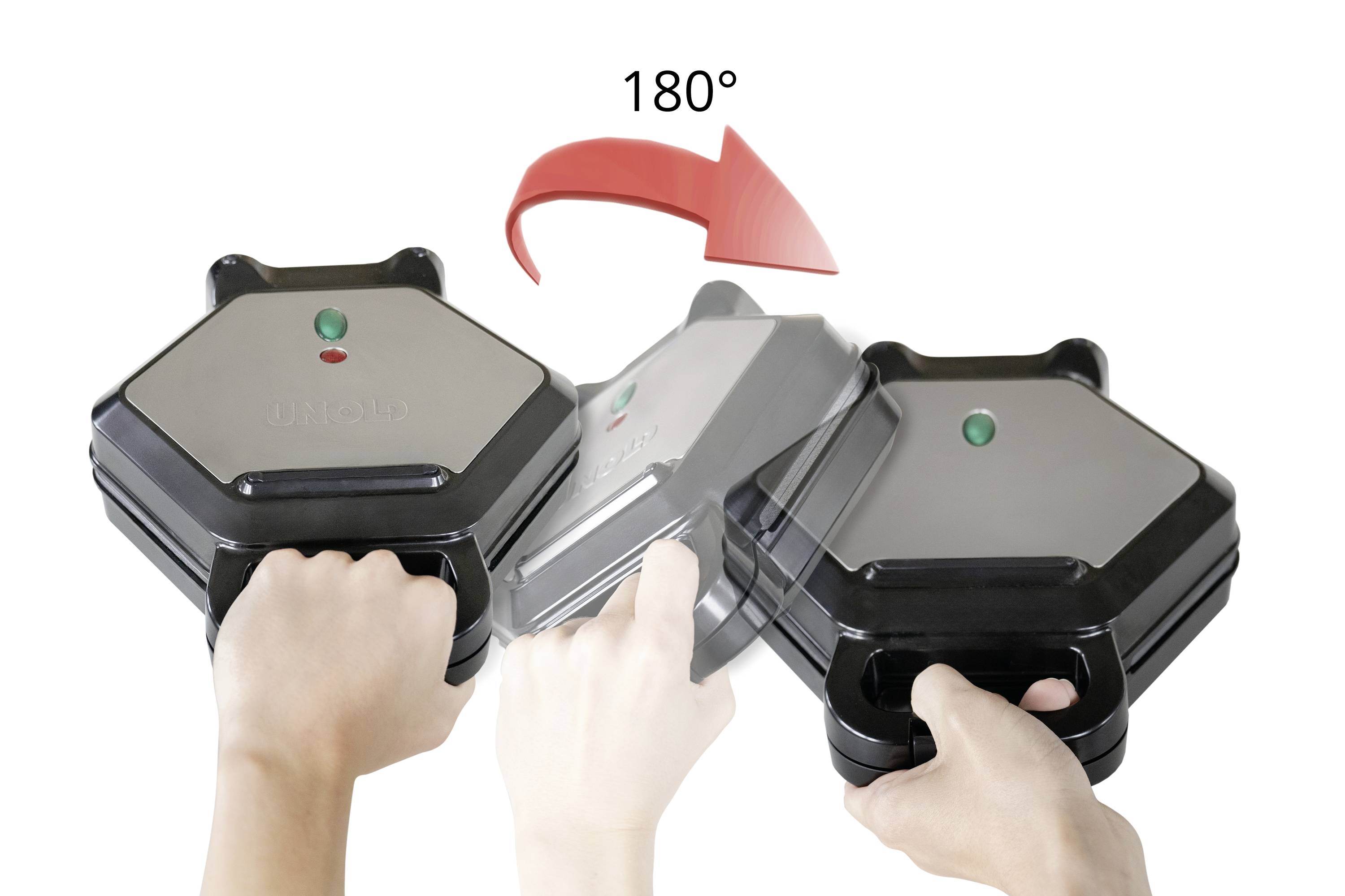 Apparaat met twee handgrepen dat 180 graden kan worden gedraaid, met een pijl voor richtingsaanduiding.