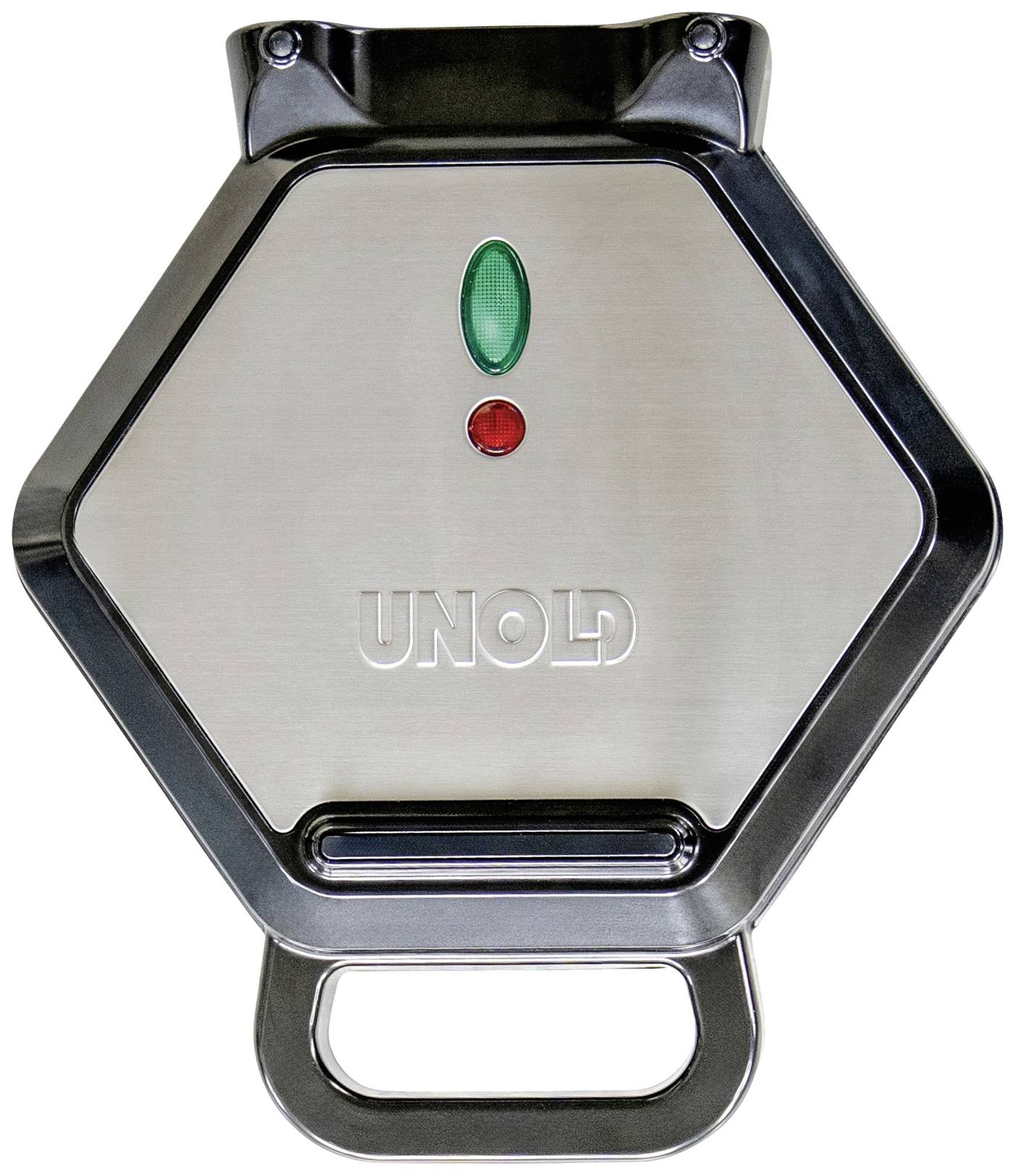 Een zeshoekig wafelijzer met metalen oppervlak, groene en rode lampjes en het opschrift 'UNOLD'.