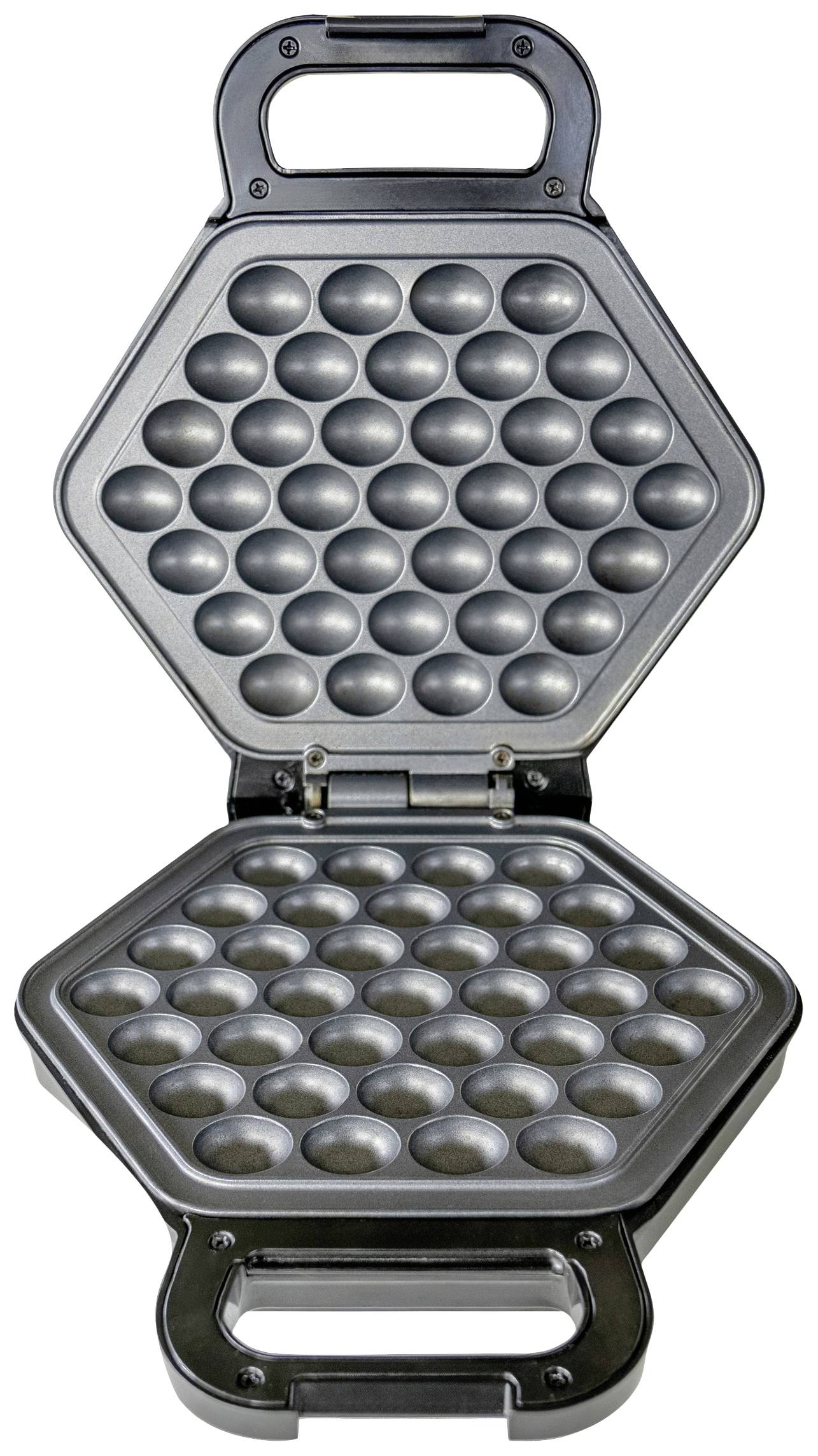 Een open bubbel-wafelijzer met een zeshoekige vorm en ronde holtes voor het bereiden van wafels.