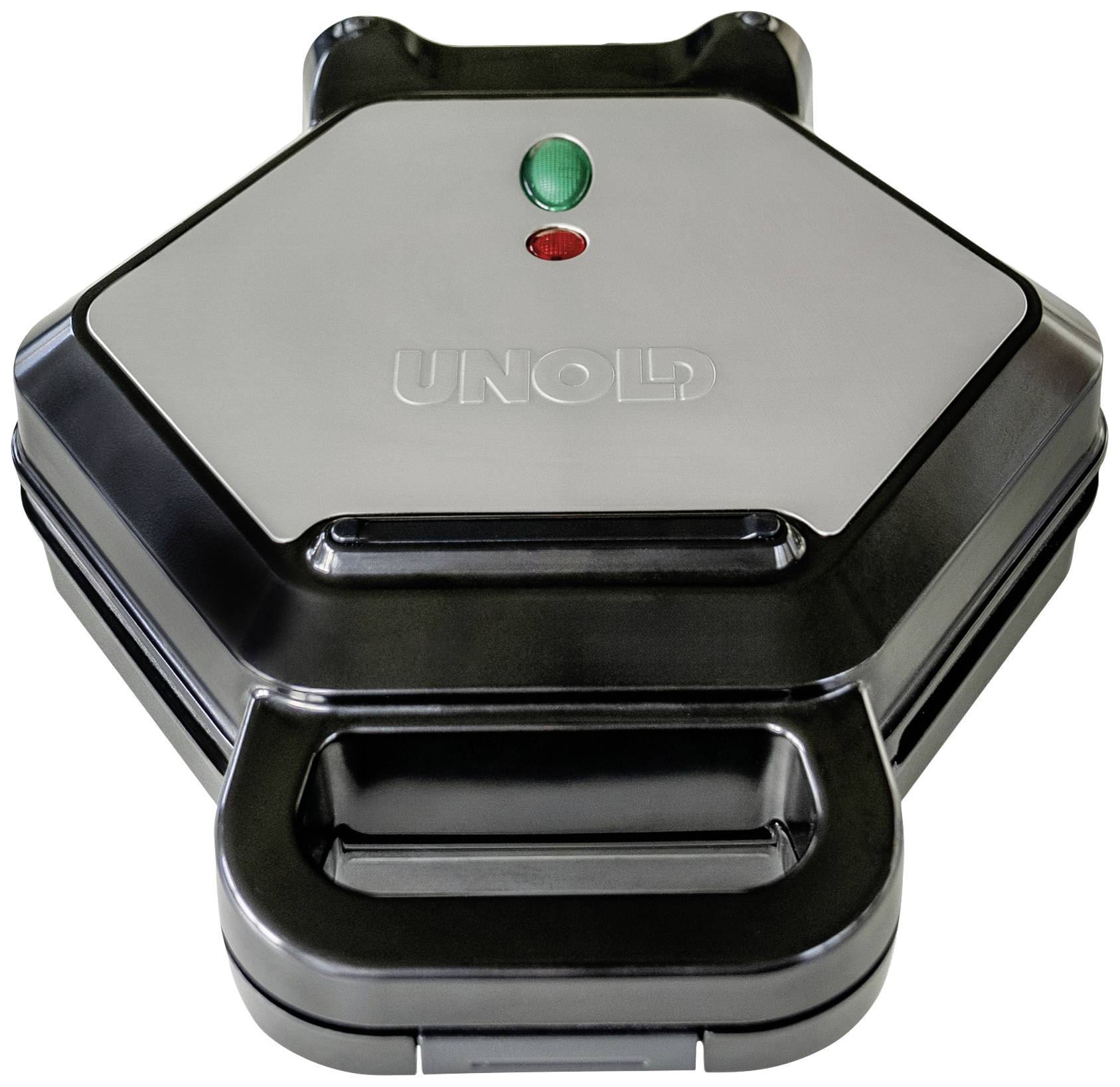 Een gesloten tosti-apparaat met een zwart en zilverkleurige behuizing, waarop twee controlelampjes in rood en groen.