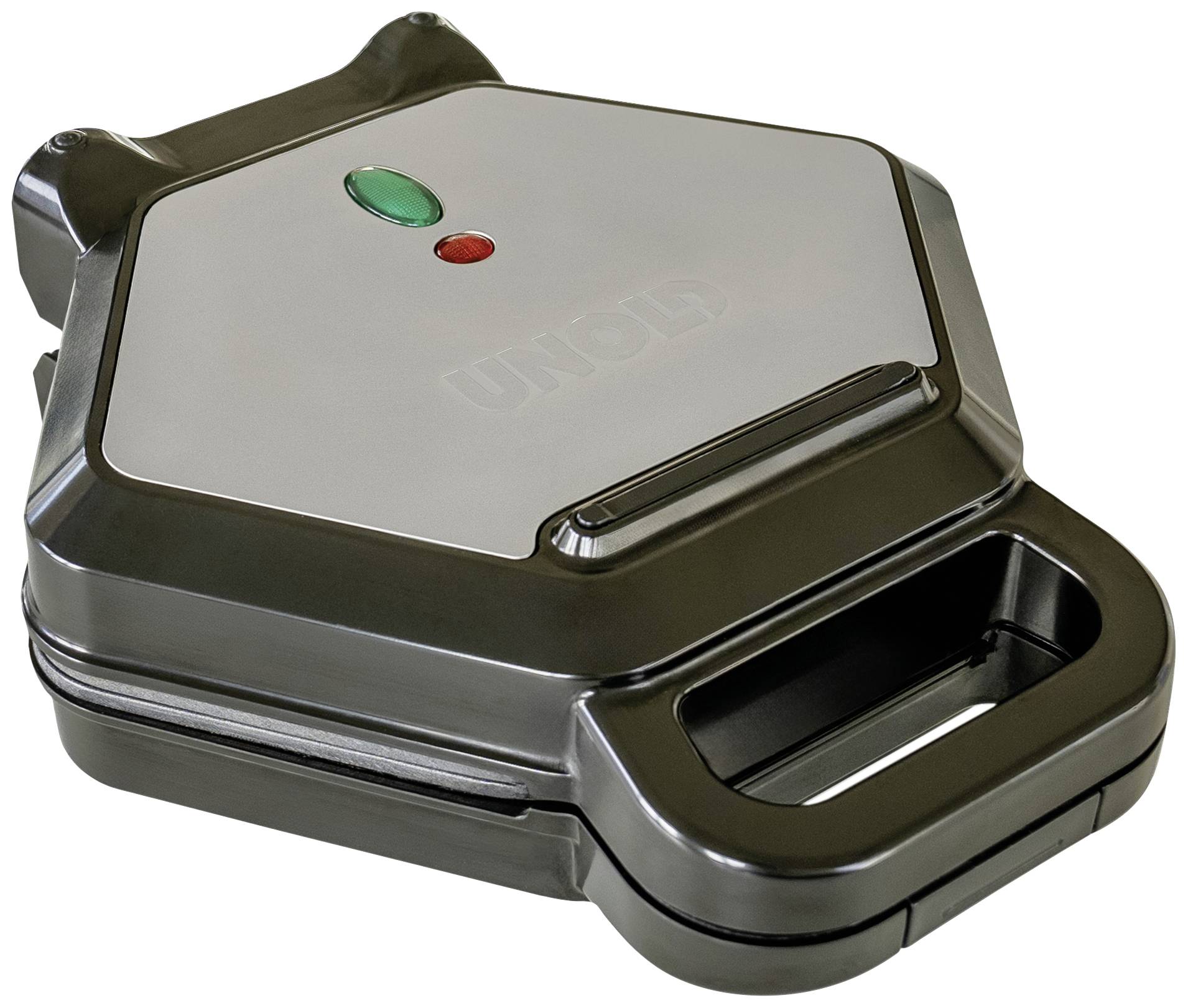 Een zwarte wafelijzer met groene en rode controlelampjes op de bovenkant.