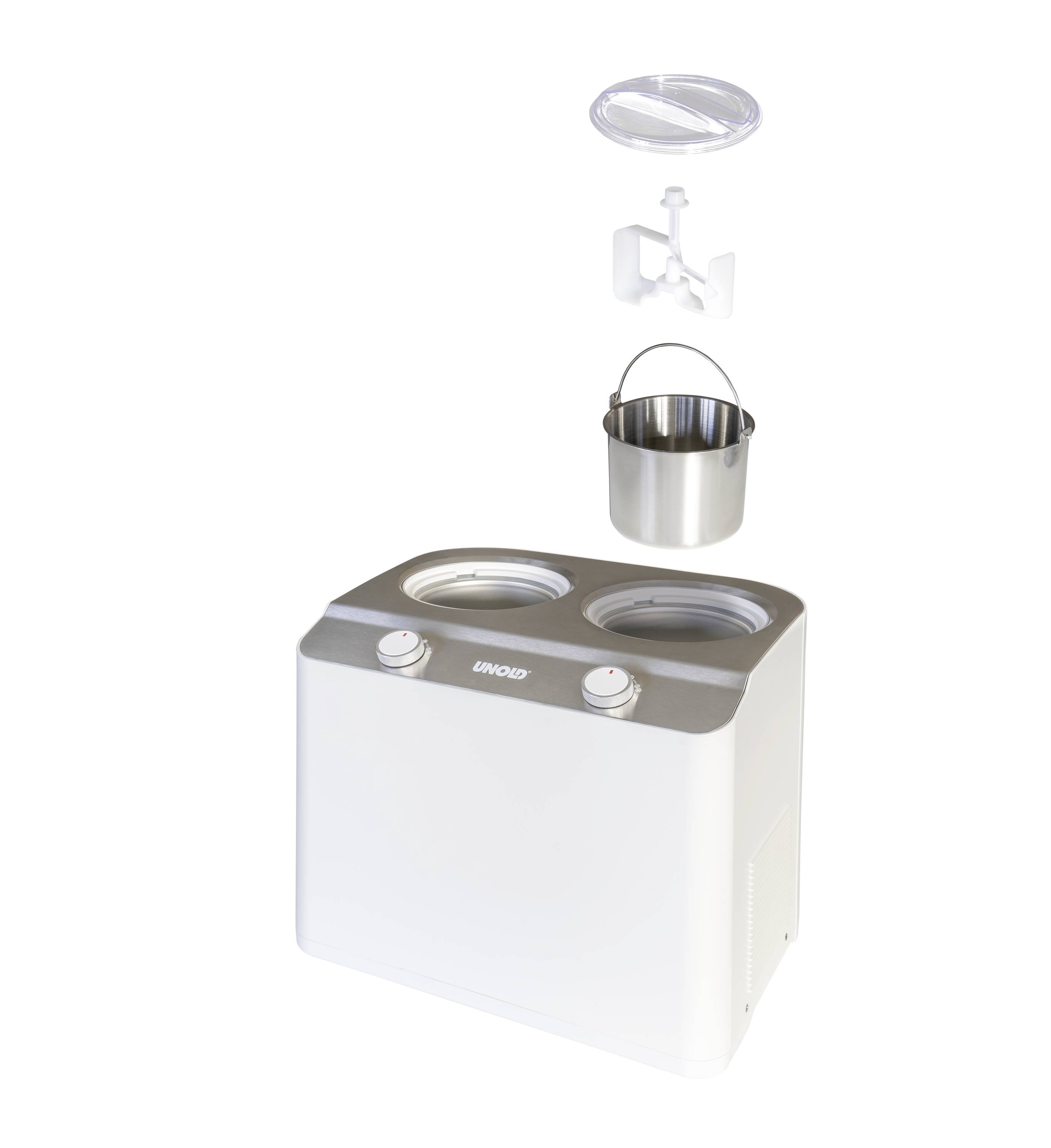 De afbeelding toont een draagbare wasmachine in het wit met twee draaiknoppen bovenop, een uitneembare watercontainer en een transparante afdekking.