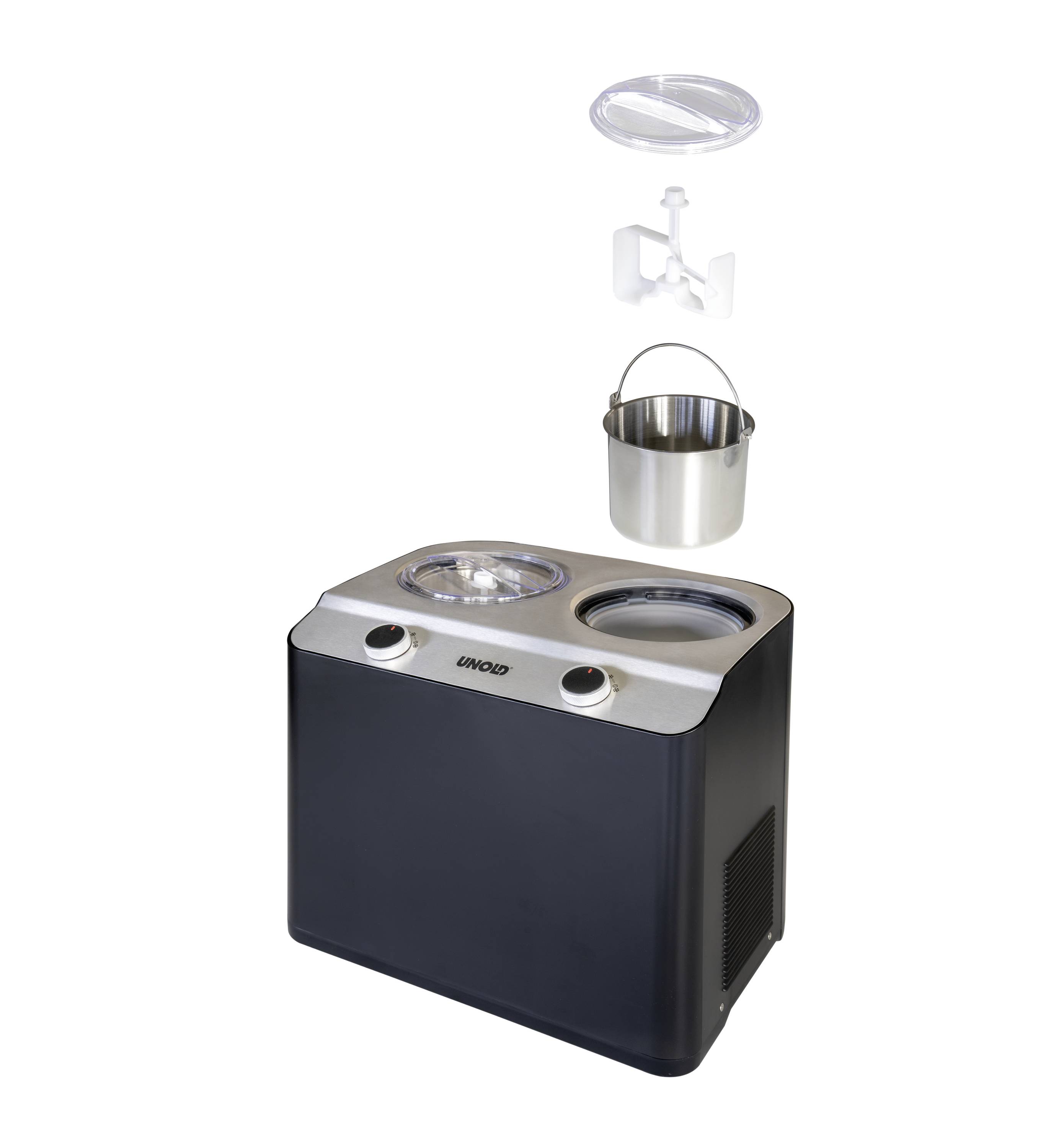 IJsmachine met behuizing van roestvrij staal, twee bedieningsknoppen en een uitneembare metalen kom. Accessoires: roergereedschap, dekselopzetstuk.
