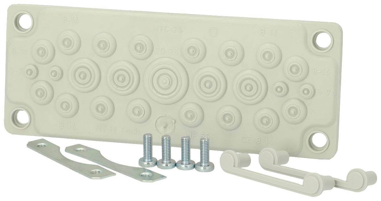 Rechthoekige, beige rubberen afdichting met meerdere ronde uitsparingen, omringd door schroeven en montagemateriaal.
