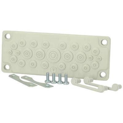 Rechthoekige, beige rubberen afdichting met meerdere ronde uitsparingen, omringd door schroeven en montagemateriaal.