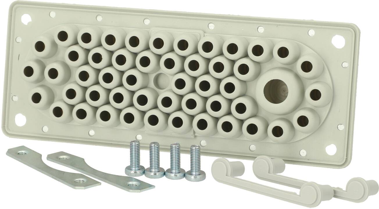 Rechthoekige afdichtingsframe met meerdere ronde openingen, omgeven door schroeven en metalen platen voor montagedoeleinden.