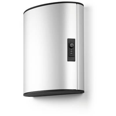 Een moderne, wandgemonteerde zilveren boiler met een zwart bedieningspaneel aan de rechterkant.