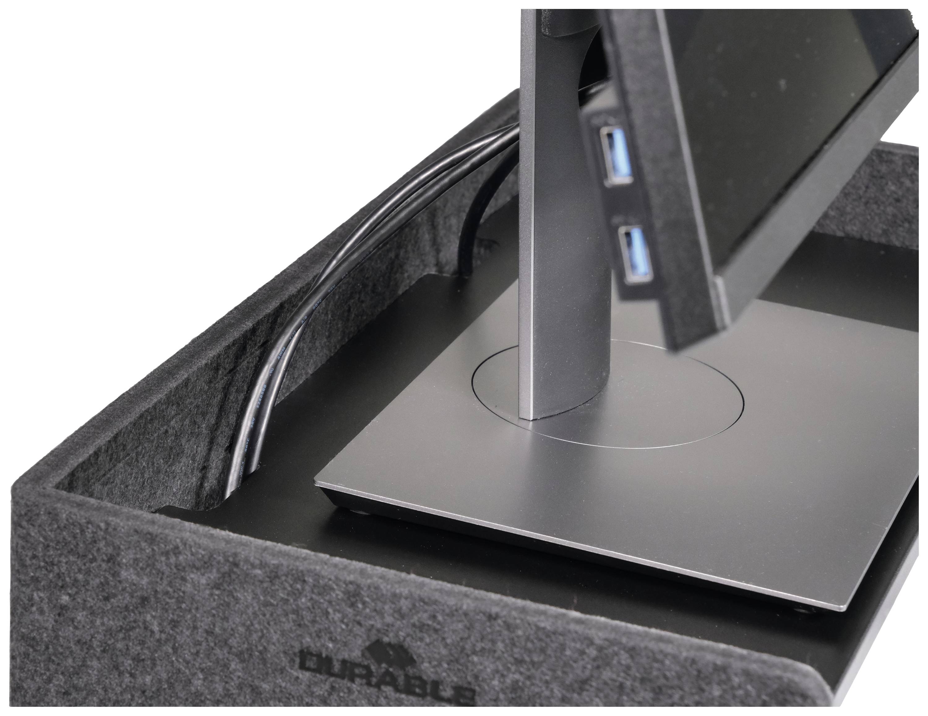 Monitorstandaard met kabelmanagement, oudgrijs in viltlook, toont USB-aansluitingen aan de zijkant van de monitor.