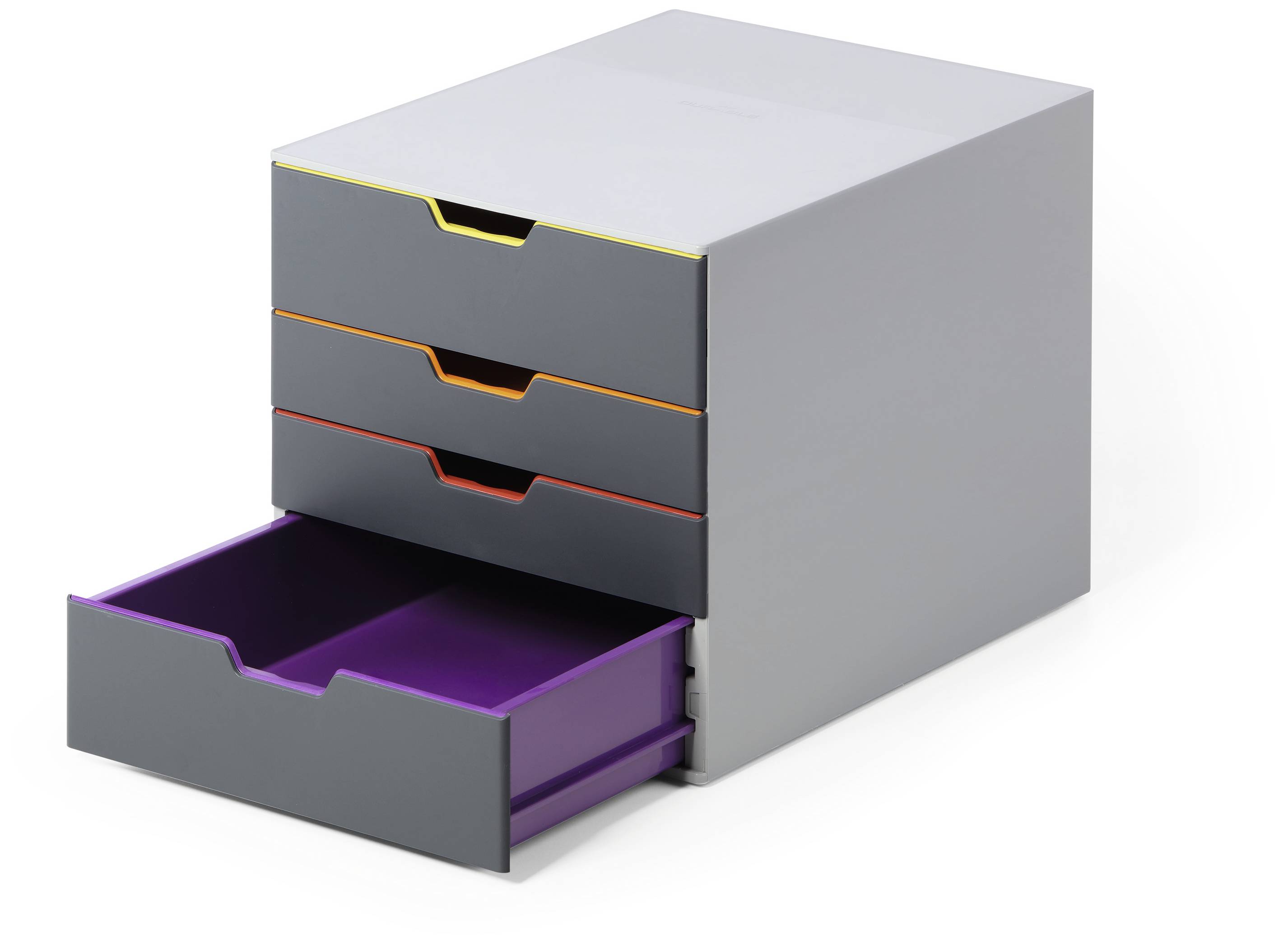 Kleine grijze ladeblok met vier laden in verschillende kleuren, waarvan één in het violet is uitgetrokken. Bruikbaar voor documentorganisatie.