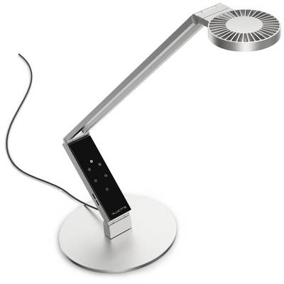 Moderne bureaulamp met flexibele arm en ronde kop, zilverkleurig, met zwart touch-bedieningspaneel aan de arm. Snoer zichtbaar.